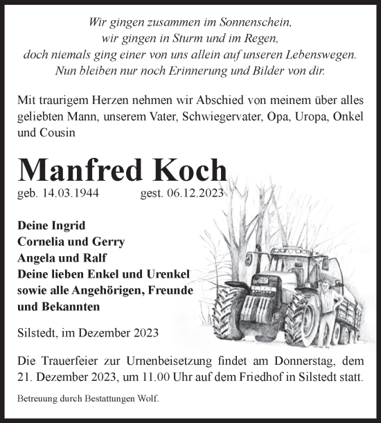 Traueranzeige von Manfred Koch von Volksstimme Wernigerode