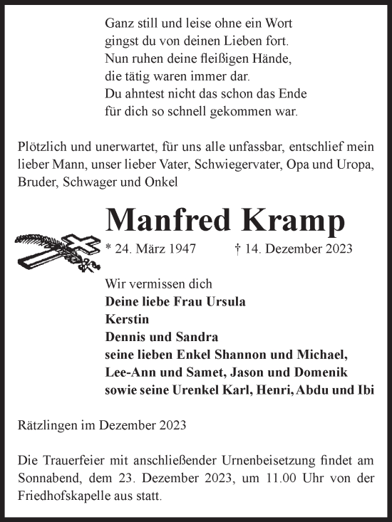 Traueranzeige von Manfred Kramp von Volksstimme Altmark West