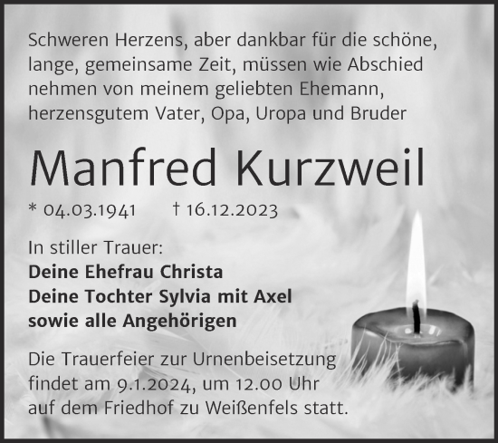 Traueranzeige von Manfred Kurzweil von Trauerkombi Weißenfels