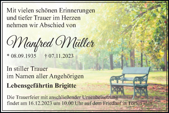 Traueranzeige von Manfred Müller von Trauerkombi Dessau