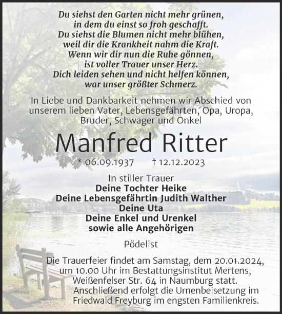 Traueranzeige von Manfred Ritter von Wochenspiegel Naumburg/Nebra