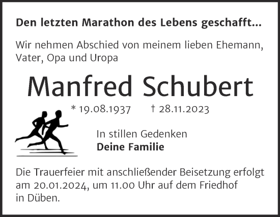 Traueranzeige von Manfred Schubert von Trauerkombi Dessau