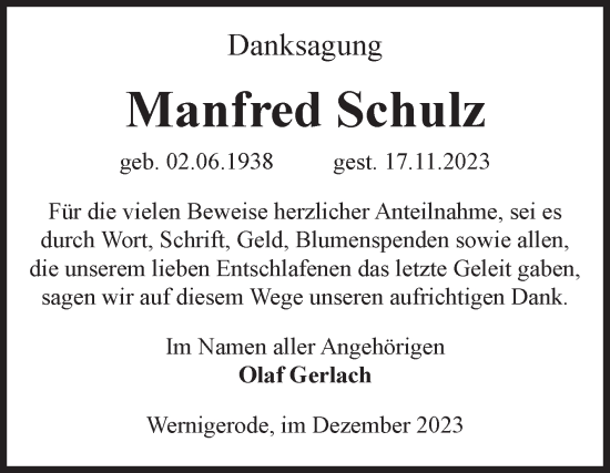 Traueranzeige von Manfred Schulz von Volksstimme Wernigerode