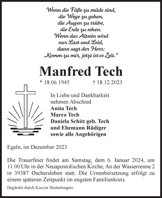 Traueranzeige von Manfred Tech von Volksstimme Staßfurt