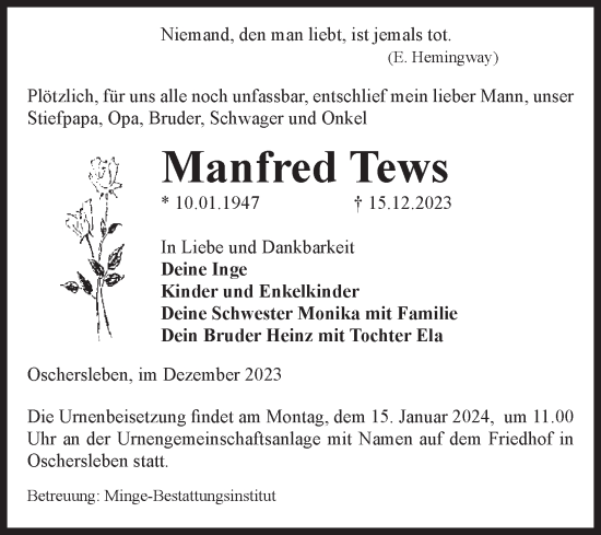 Traueranzeige von Manfred Tews von Volksstimme Oschersleben/Wanzleben