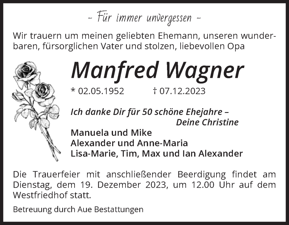  Traueranzeige für Manfred Wagner vom 16.12.2023 aus Volksstimme Magdeburg