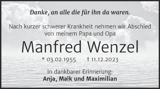 Traueranzeige von Manfred Wenzel von Trauerkombi Merseburg