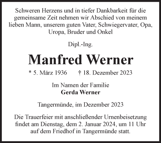 Traueranzeige von Manfred Werner von Volksstimme Altmark Ost