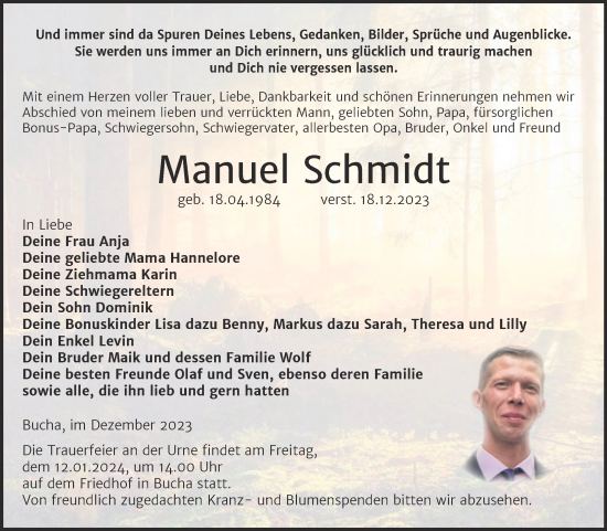 Traueranzeige von Manuel Schmidt von Super Sonntag Naumburg/Nebra