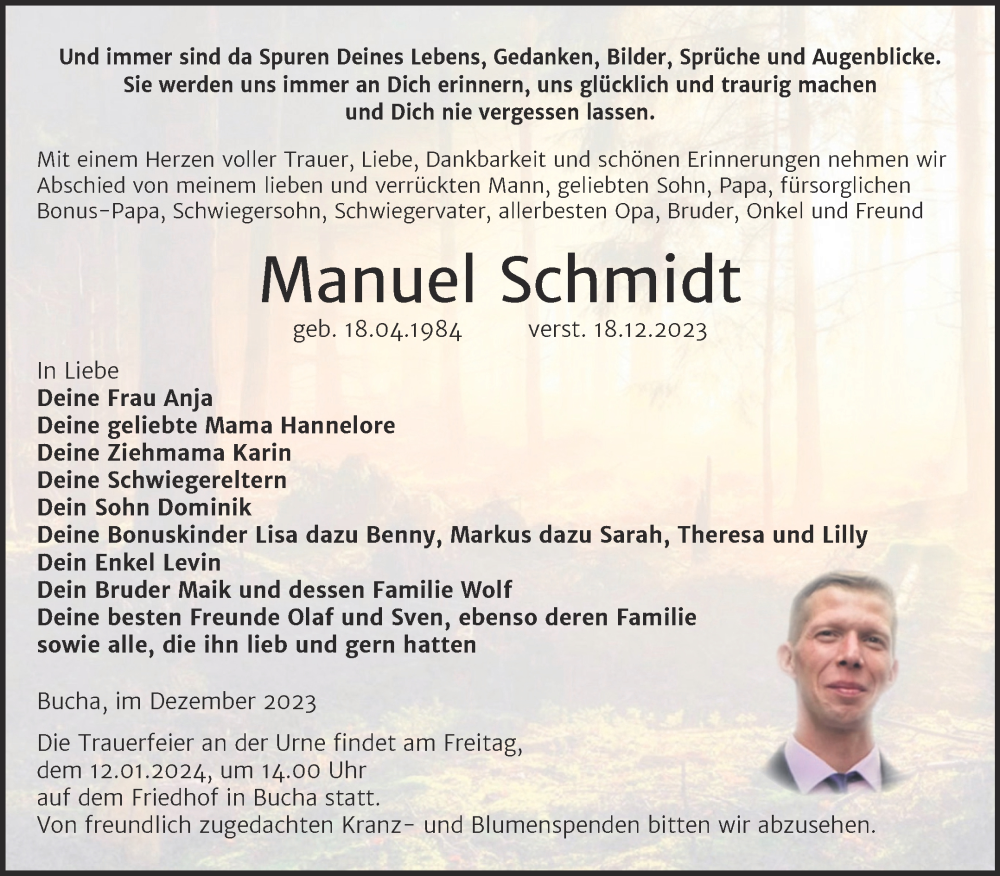  Traueranzeige für Manuel Schmidt vom 30.12.2023 aus Super Sonntag Naumburg/Nebra
