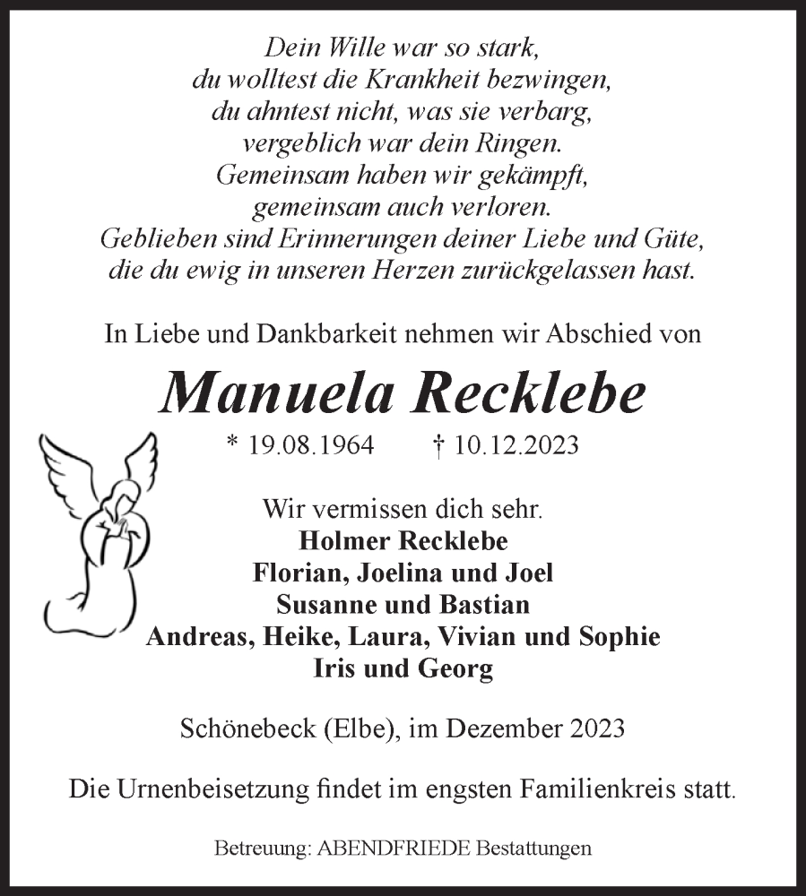  Traueranzeige für Manuela Recklebe vom 16.12.2023 aus Volksstimme Schönebeck