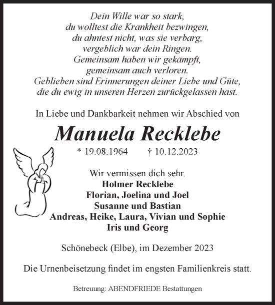 Traueranzeige von Manuela Recklebe von Volksstimme Schönebeck