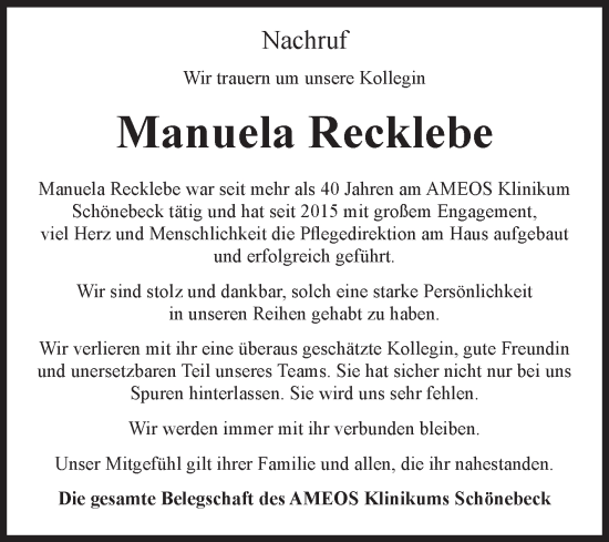 Traueranzeige von Manuela Recklebe von Mitteldeutsche Zeitung Salzlandkreis