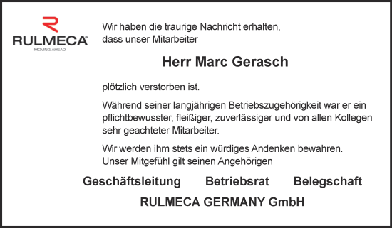 Traueranzeige von Marc Gerasch von Wochenspiegel Aschersleben