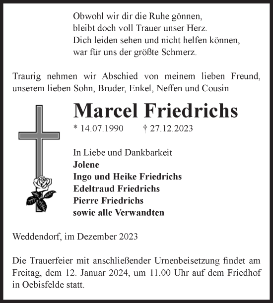 Traueranzeige von Marcel Friedrichs von Volksstimme Altmark West