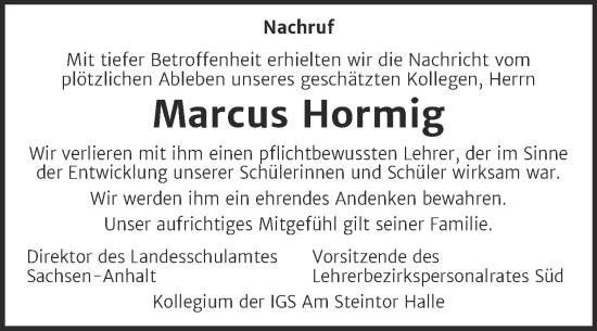Traueranzeige von Marcus Hormig von Mitteldeutsche Zeitung Halle/Saalkreis