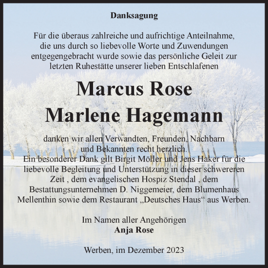 Traueranzeige von Marcus Rose und Marlene Hagemann von Volksstimme Altmark Ost
