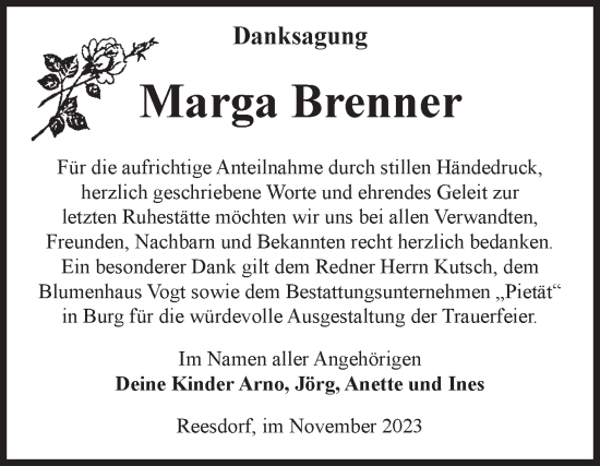Traueranzeige von Marga Brenner von Volksstimme Burg/Genthin