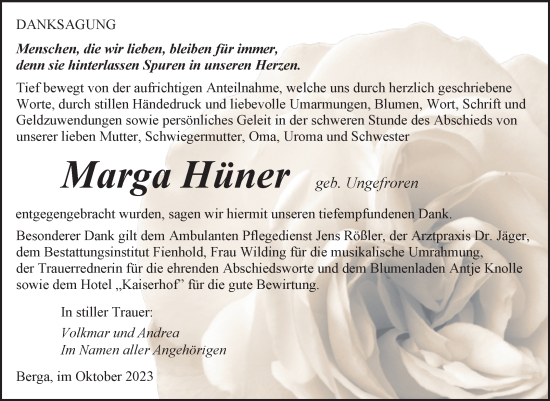 Traueranzeige von Marga Hüner von Trauerkombi Sangerhausen