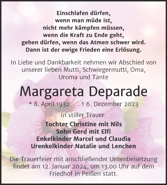 Traueranzeige von Margareta Deparade von Mitteldeutsche Zeitung Halle/Saalkreis