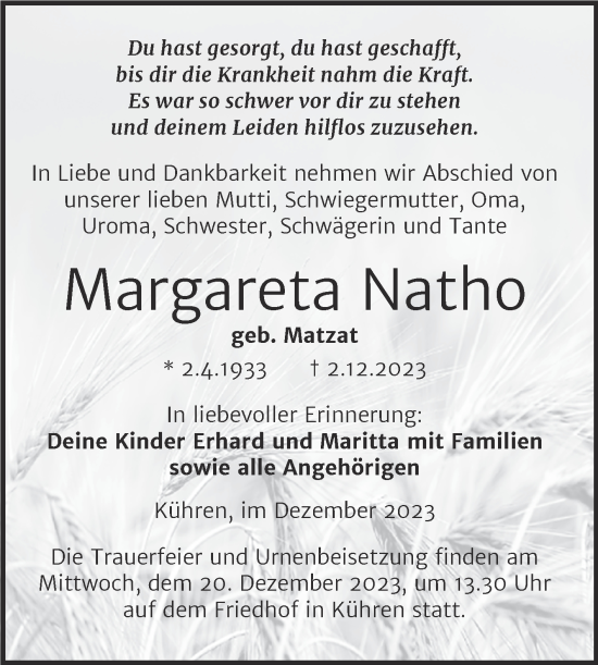 Traueranzeige von Margareta Natho von Trauerkombi Köthen