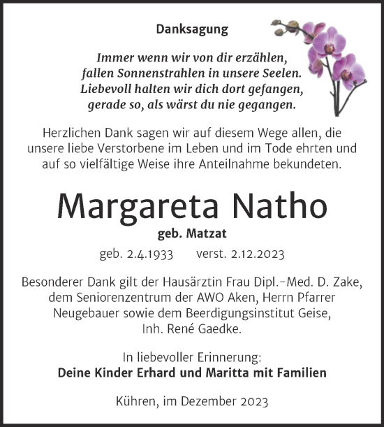 Traueranzeige von Margareta Natho von Trauerkombi Köthen