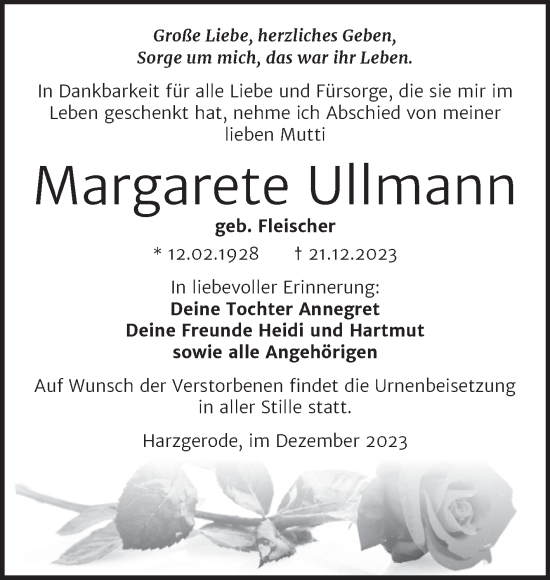 Traueranzeige von Margarete Ullmann von Trauerkombi Quedlinburg