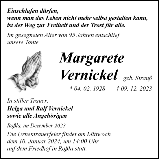 Traueranzeige von Margarete Vernickel von Trauerkombi Sangerhausen
