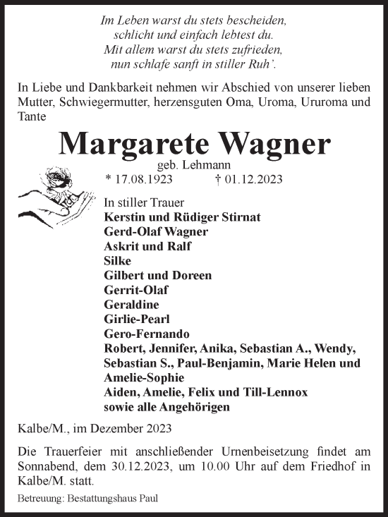 Traueranzeige von Margarete Wagner von Volksstimme Altmark West