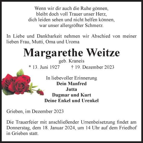 Traueranzeige von Margarethe Weitze von Volksstimme Altmark Ost
