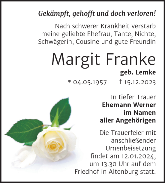 Traueranzeige von Margit Franke von Trauerkombi Bernburg