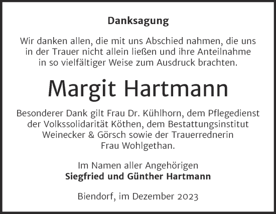 Traueranzeige von Margit Hartmann von Trauerkombi Bernburg