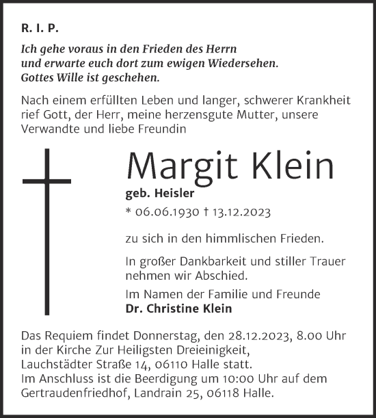 Traueranzeige von Margit Klein von Mitteldeutsche Zeitung Halle/Saalkreis