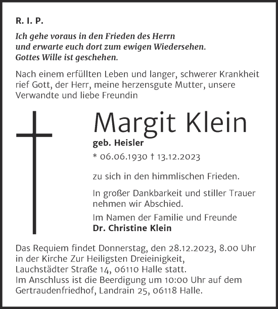 Traueranzeige von Margit Klein von Volksstimme Magdeburg