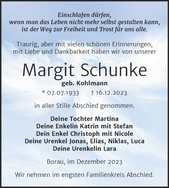 Traueranzeige von Margit Schunke von Trauerkombi Weißenfels