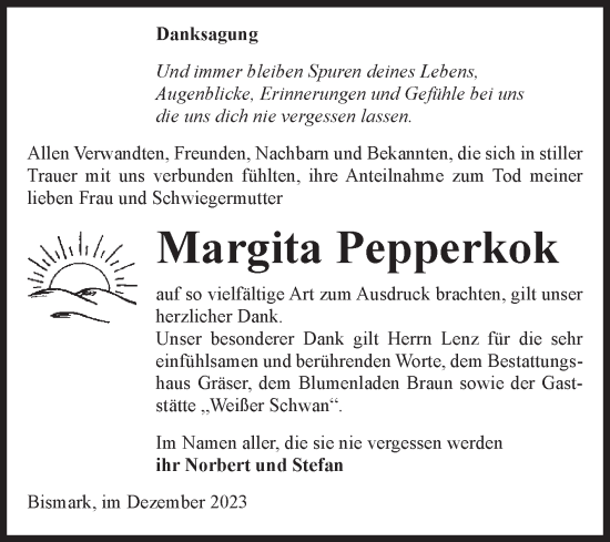 Traueranzeige von Margita Pepperkok von Volksstimme Altmark Ost