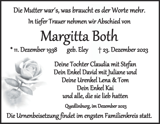 Traueranzeige von Margitta Both von Trauerkombi Quedlinburg