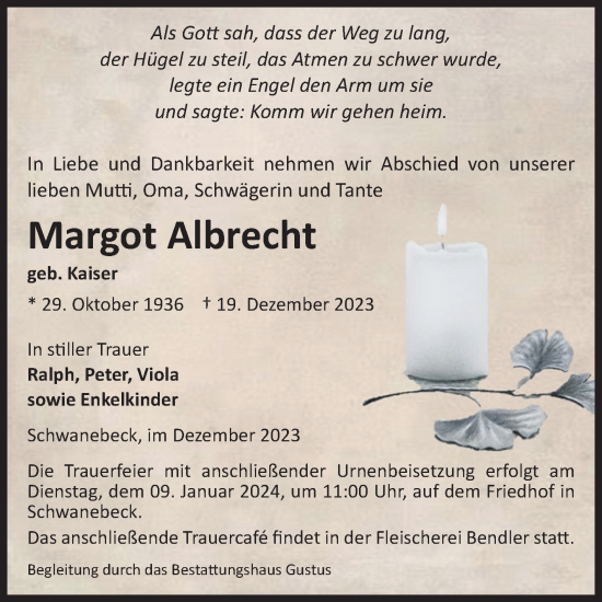 Traueranzeige von Margot Albrecht von Volksstimme Halberstadt