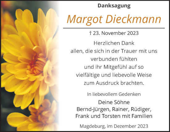 Traueranzeige von Margot Dieckmann von Volksstimme Magdeburg