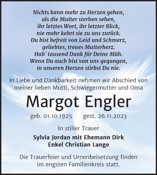 Traueranzeige von Margot Engler von Trauerkombi Köthen