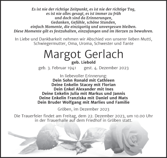 Traueranzeige von Margot Gerlach von Trauerkombi Weißenfels