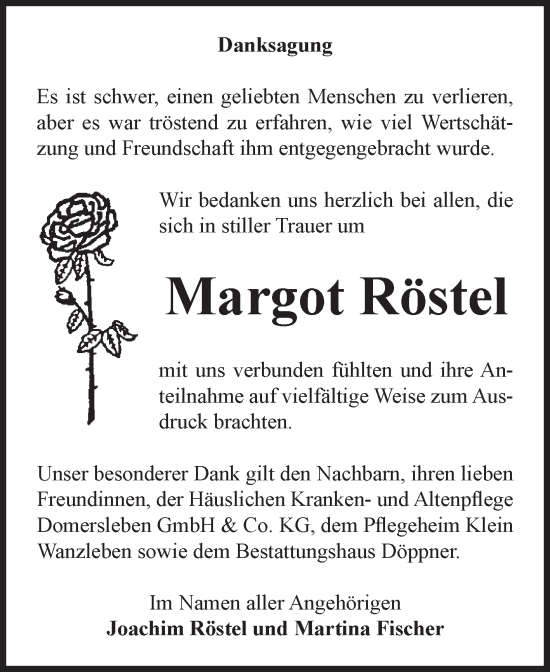 Traueranzeige von Margot Röstel von Volksstimme Oschersleben/Wanzleben