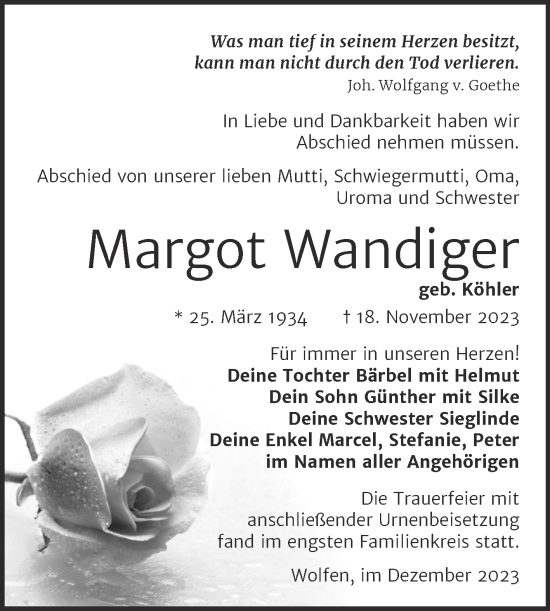 Traueranzeige von Margot Wandiger von Trauerkombi Bitterfeld
