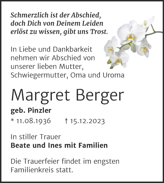 Traueranzeige von Margret Berger von Trauerkombi Sangerhausen