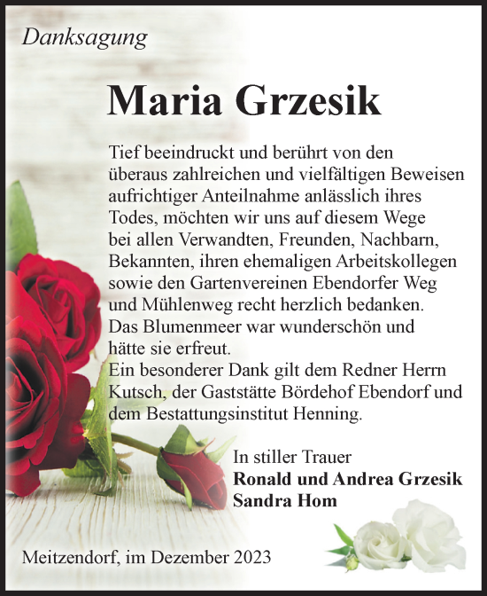 Traueranzeige von Maria Grzesik von Volksstimme Haldensleben/Wolmirstedt