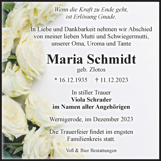 Traueranzeige von Maria Schmidt von Volksstimme Wernigerode