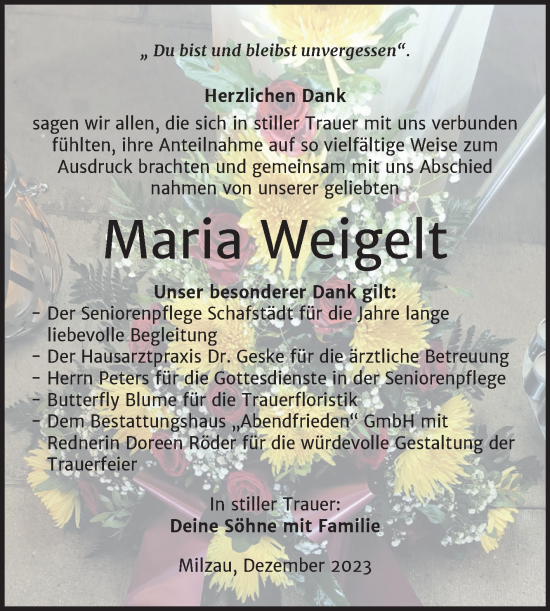 Traueranzeige von Maria Weigelt von Trauerkombi Merseburg