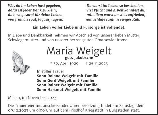 Traueranzeige von Maria Weigelt von Trauerkombi Merseburg