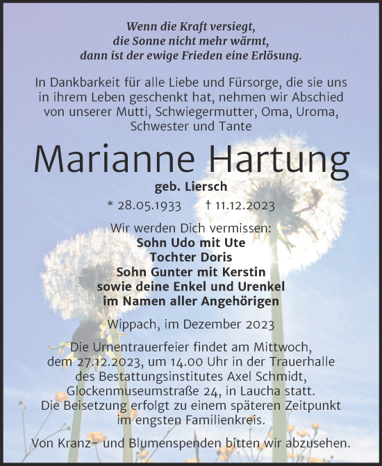 Traueranzeige von Marianne Hartung von Wochenspiegel Naumburg/Nebra