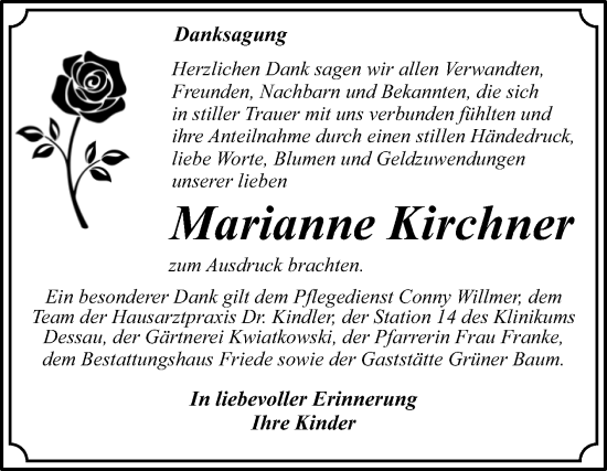 Traueranzeige von Marianne Kirchner von Trauerkombi Dessau